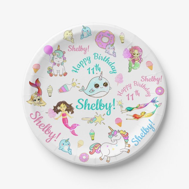 Narwhal, Mermaid, Unicorn Personalised Name, Age Paper Plate (Front)