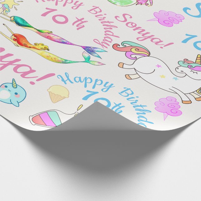 Narwhal, Mermaid, Unicorn Personalised Name, Age Wrapping Paper (Corner)