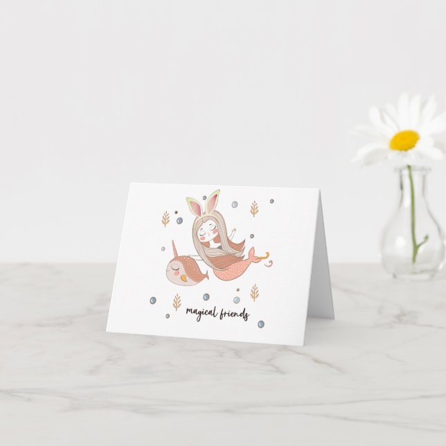 Narwhal n Mermaid with Bunny Ears Magical Friends  Card (Small Plant)
