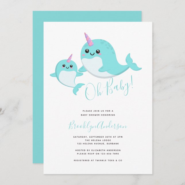 Narwhal Oh Baby Gender Neutral Baby Shower Invitation (Front/Back)