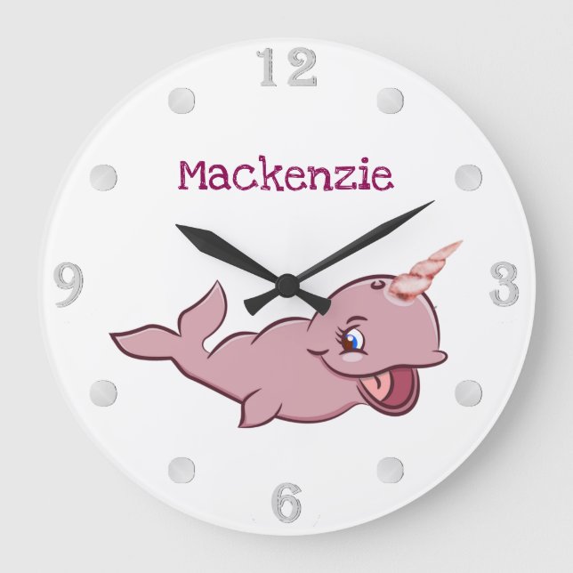 Narwhal Pink | Girly Kawaii Chibi Cartoon Custom Large Clock (Front)