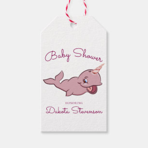 Narwhal Pink   Girly Kawaii Chibi Cartoon Shower Gift Tags
