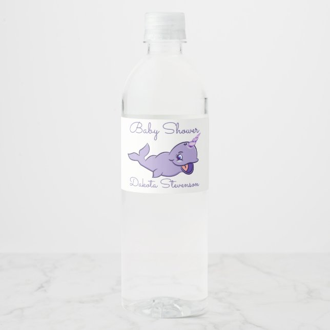 Narwhal Purple | Lilac Magical Sea Unicorn Shower Water Bottle Label (Front)