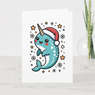Narwhal Santa Hat Christmas Kawaii Holiday Snow Card