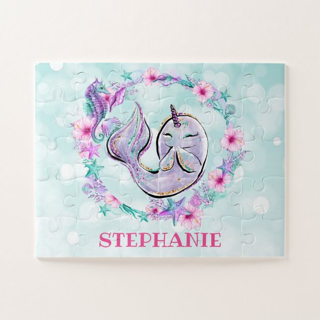 Narwhal & Sea Animals Under The Sea Custom Name Jigsaw Puzzle (Horizontal)