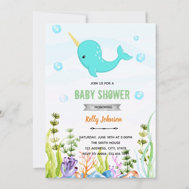 Narwhal shower birthday invitation (Front)