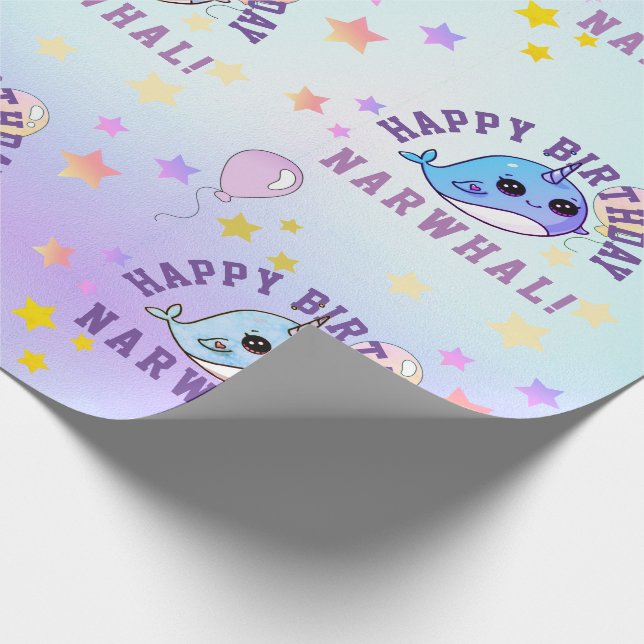 Narwhal Star Party Purple Blue Ombre Personalised Wrapping Paper (Corner)