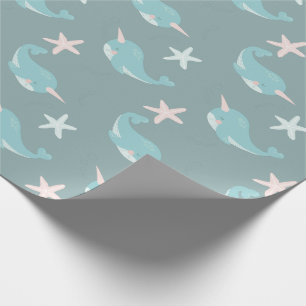 Narwhal & Starfish Pattern Sea Green Wrapping Paper