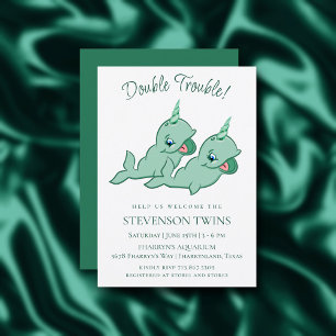 Narwhal Twins Cute Mint Chibi Cartoon Shower Invitation