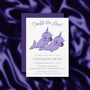 Narwhal Twins Purple Cute Chibi Cartoon Shower Invitation