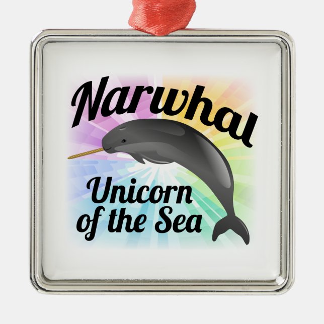 Narwhal Unicorn of the Sea, Cute Rainbow Metal Ornament (Front)