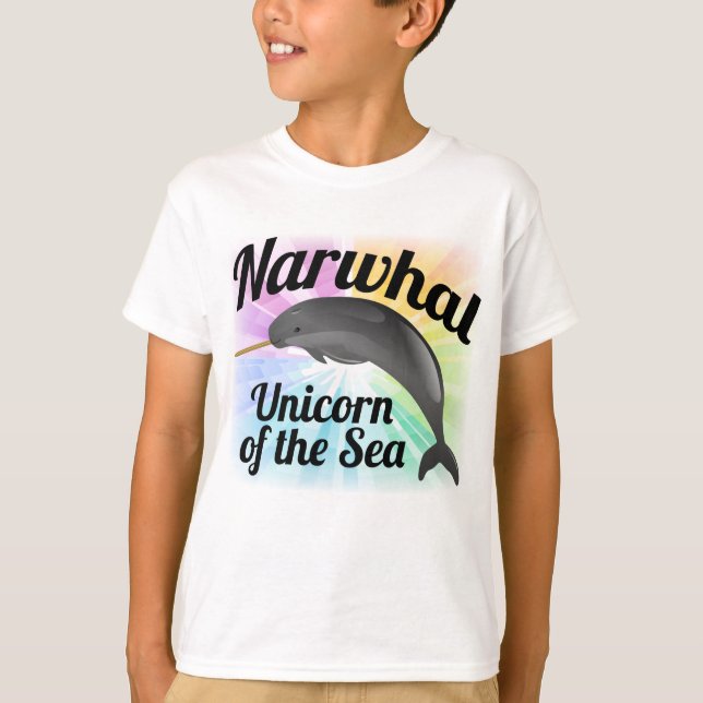 Narwhal Unicorn of the Sea, Cute Rainbow T-Shirt (Front)