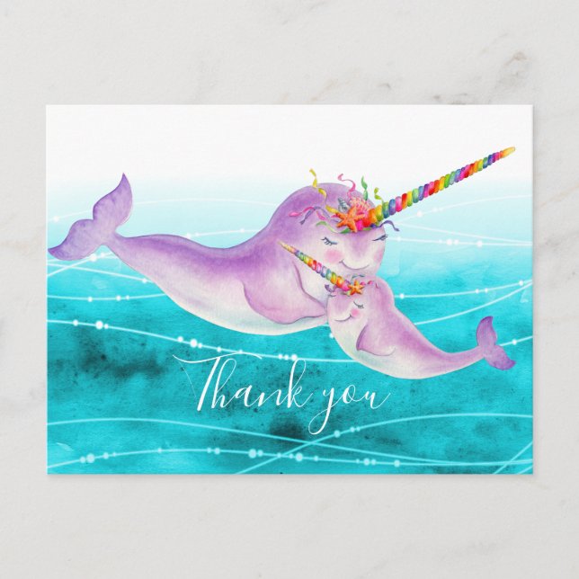 Narwhal virtual hug rainbow thank you postcard (Front)