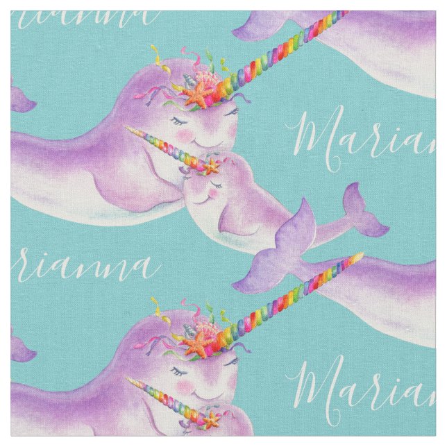 Narwhal watercolor art aqua custom name fabric (Close Up)