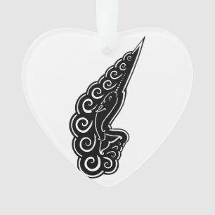 Narwhal Waves Celtic Style Black Ink Drawing Ornament