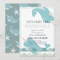 Narwhal Waves Sea Blue Boy Birthday Invitation