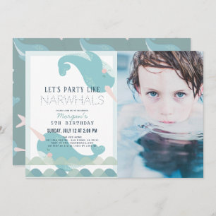 Narwhal Waves Sea Blue Boy Birthday Photo Invitation