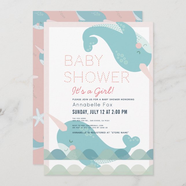 Narwhal Waves Sea Pink Girl Baby Shower Invitation (Front/Back)