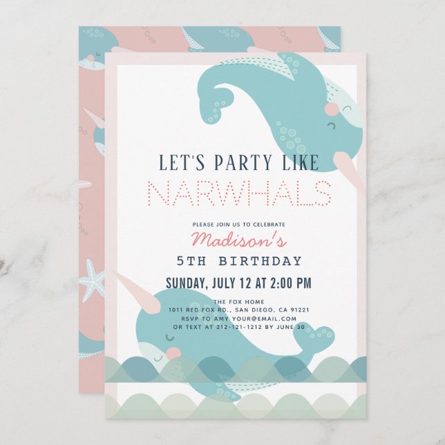 Narwhal Waves Sea Pink Girl Birthday Invitation (Front/Back)