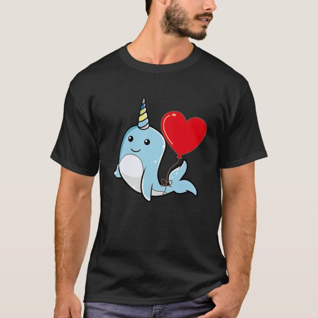 Narwhal With Heart Balloon Valentines Day Love Boy T-Shirt (Front)