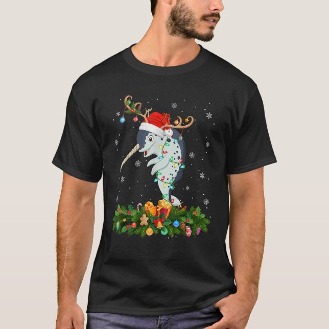 Narwhal Xmas Lighting Reindeer Santa Hat Narwhal C T-Shirt (Front)