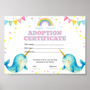 Narwhale adopt a pet certificate editable poster