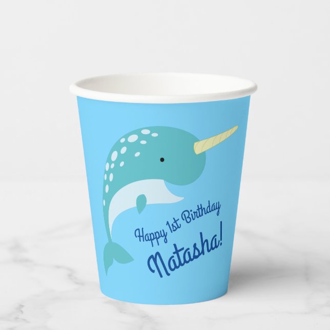 Narwhals Ocean Cute 1st Birthday Party Kids Paper Cups (Front)