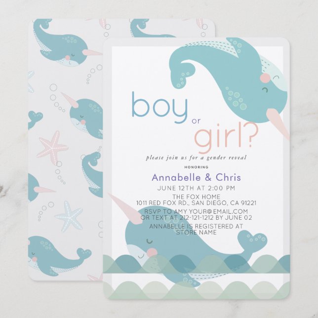 Narwhals on the Waves Gender Reveal Invitation (Front/Back)