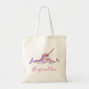 Narwhals rainbow underwater watercolor name tote bag
