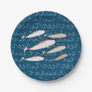 Narwhals Swim Waves Drawing Pattern Whale Blue Paper Plate