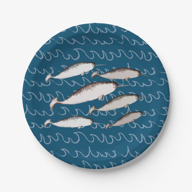 Narwhals Swim Waves Drawing Pattern Whale Blue Paper Plate (Front)
