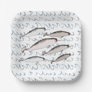 Narwhals Swim Waves Drawing Pattern Whale White Paper Plate