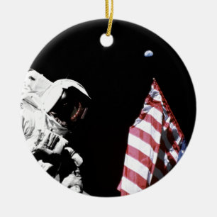 NASA Apollo 17 Astronaut Flag Earth Moon Photo Ceramic Ornament
