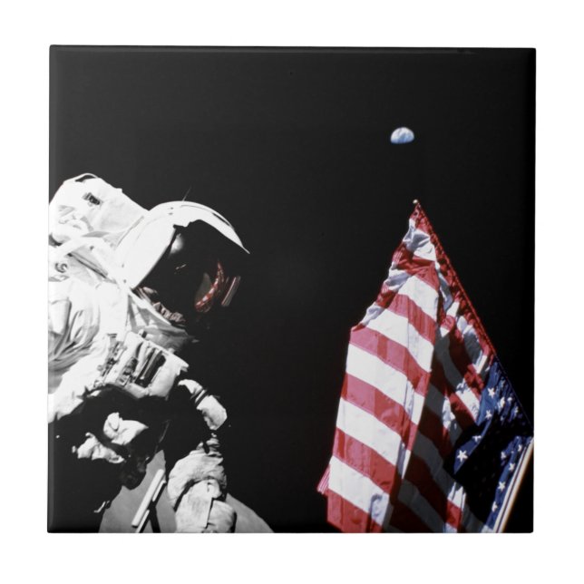 NASA Apollo 17 Astronaut Flag Earth Moon Photo Ceramic Tile (Front)