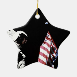 NASA Apollo 17 Astronaut Flag Earth Moon Photo Ceramic Tree Decoration