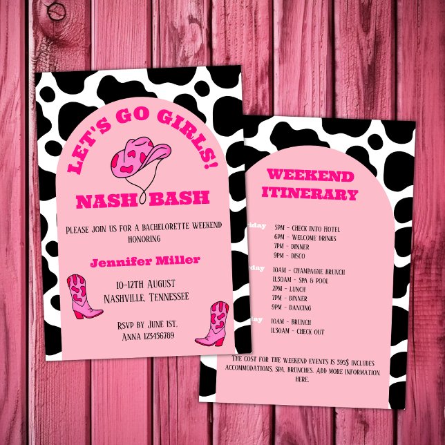 Nash Bash Cowgirl Pink Bachelorette Girls Weekend Invitation (nash bash nashville bachelorette girls weekend cowgirl pink cowgirl boots and hat arch cow pattern)
