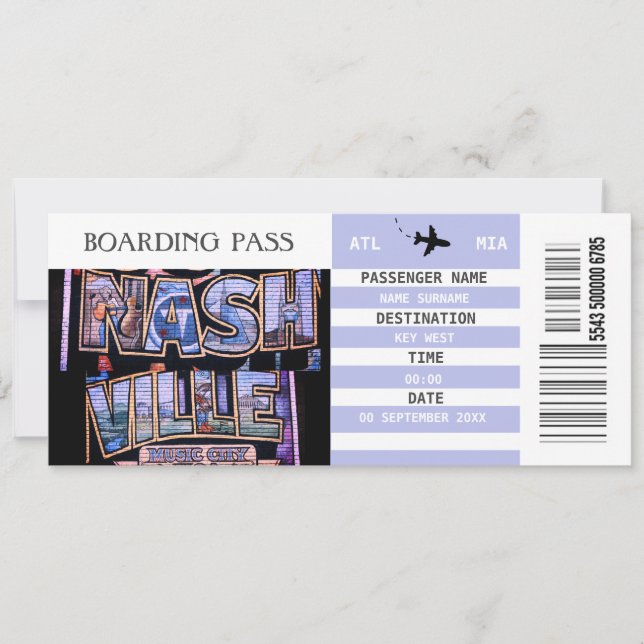 Nashville aeroplane boarding pass weekend getaway invitation (Front)