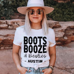 Nashville Bachelorette Boots Booze Besties Custom T-Shirt<br><div class="desc">The Austin Bachelorette Party Boots Booze and Besties Custom T-Shirt is perfect for any bride-to-be who wants to have a blast on her bachelorette party! This shirt features hilarious quotes about bachelorette parties, cowboy style bachelorette parties, rodeo bachelorette parties, and more. The shirt is also available in other colours and...</div>