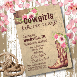 Nashville Bachelorette Floral Pink Cowgirl Invitation
