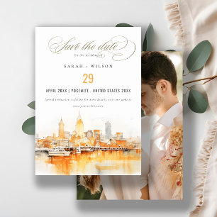 Nashville City Skyline Watercolor Wedding Photo Save The Date