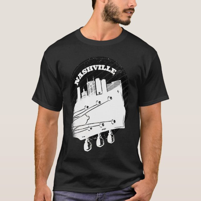 Nashville Music Guitar USA Skyline Silhouette Outl T-Shirt (Front)