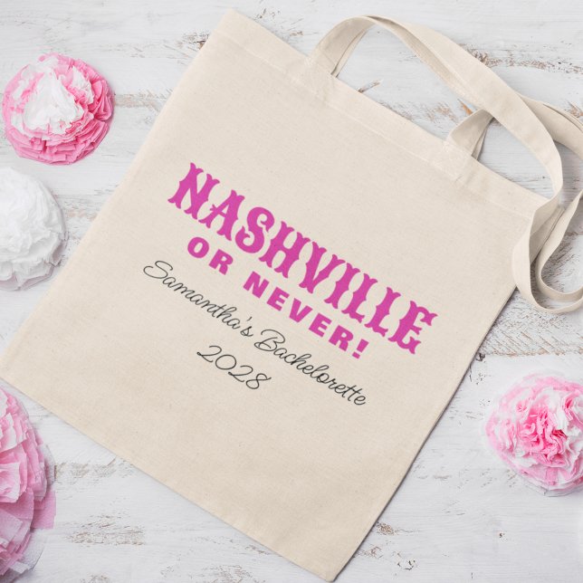Nashville Or Never Hot Pink Retro Bachelorette Tote Bag (Creator Uploaded)