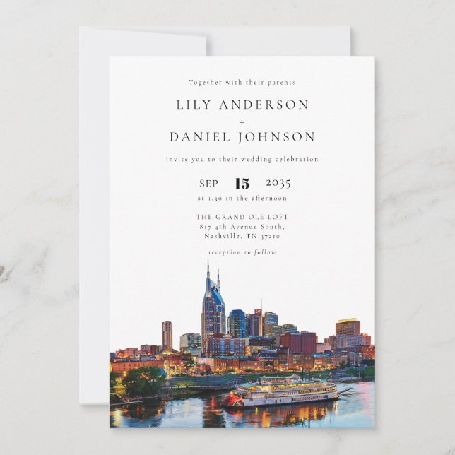 Nashville Riverfront Watercolor All In One Wedding Invitation (Front)