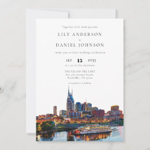Nashville Riverfront Watercolor QR Code Wedding Invitation