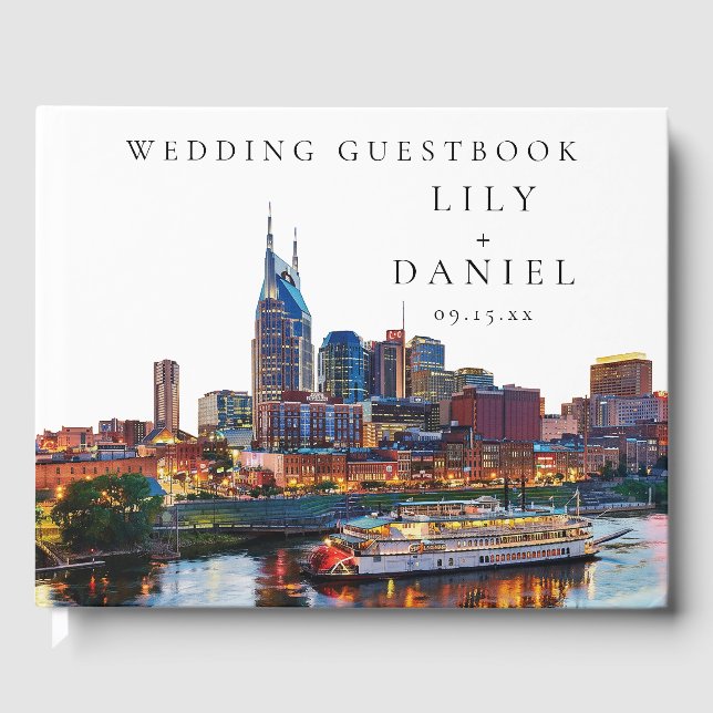 Nashville Riverfront Watercolor Wedding Guest Book (Front)