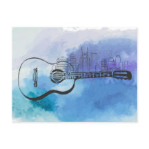 Nashville Skyline Guitar Watercolor Design