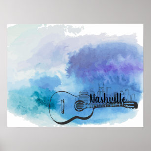 Nashville Skyline Guitar Watercolor Design Poster