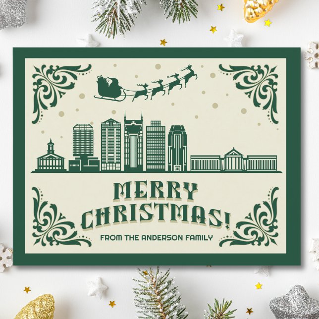 Nashville, TN Skyline Christmas Holiday Postcard (Nashville, TN skyline christmas card green modern merry christmas postcard with custom details)