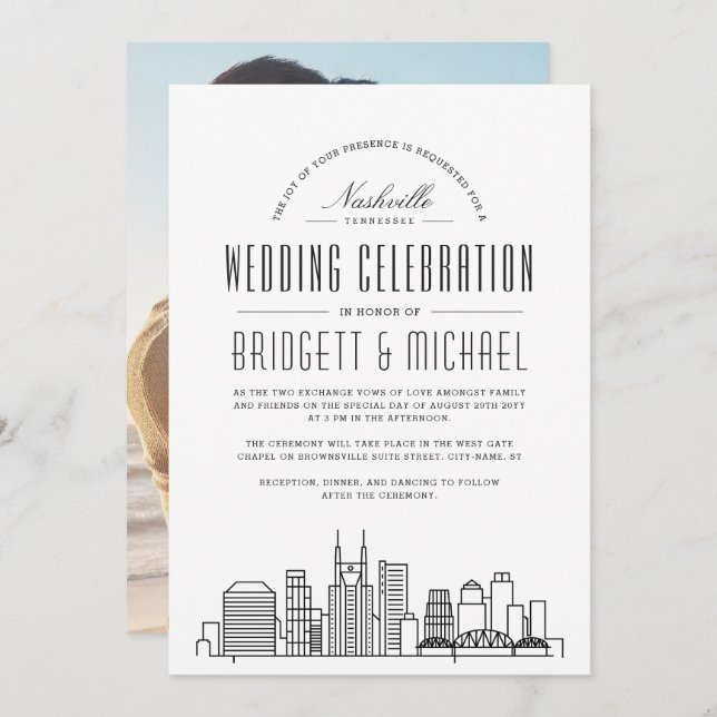 Nashville Wedding | Modern Deco City Skyline  Invitation (Front/Back)