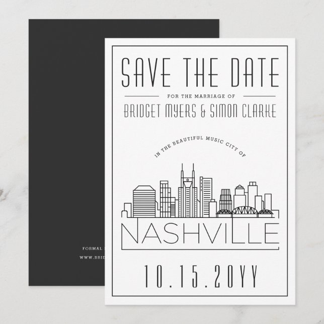 Nashville Wedding | Stylised Skyline Save the Date Invitation (Front/Back)